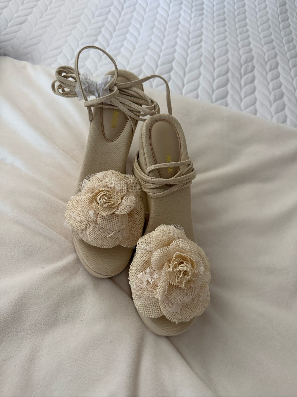 Fashion Nova Cream Lace-Up Floral Heeled Sandals